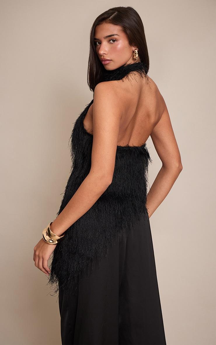 Pretty Little Thing Black Textured Faux Fur Asymmetric Sleeveless Top