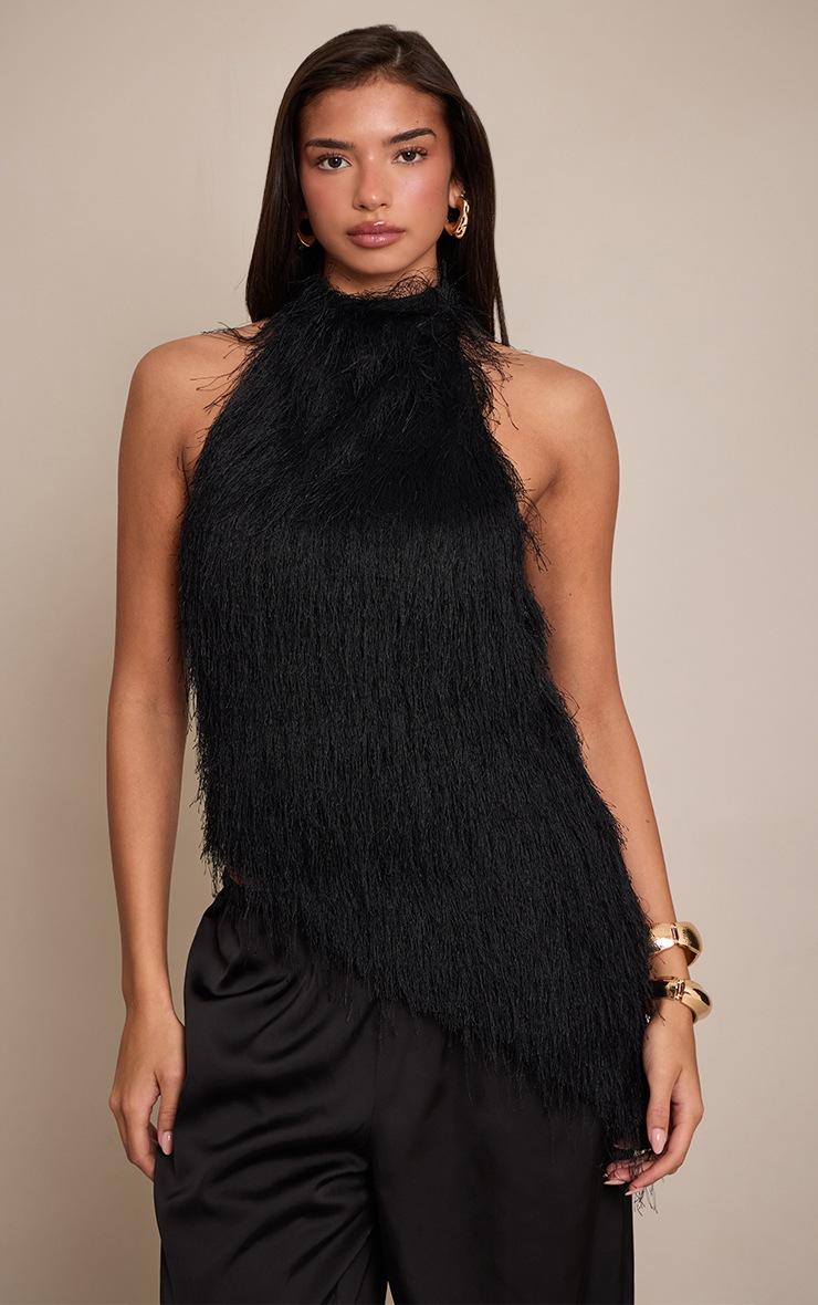 Pretty Little Thing Black Textured Faux Fur Asymmetric Sleeveless Top