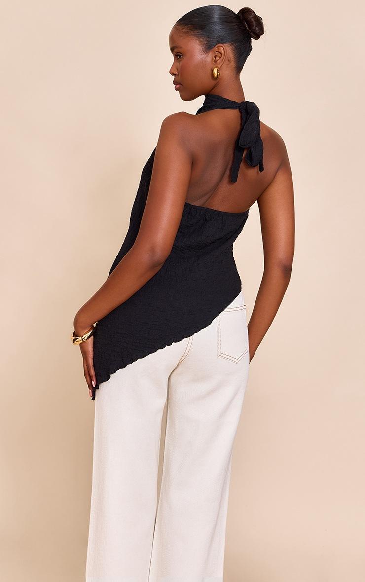 Pretty Little Thing Black Textured High Neck Asymmetric Hem Detail Long Top