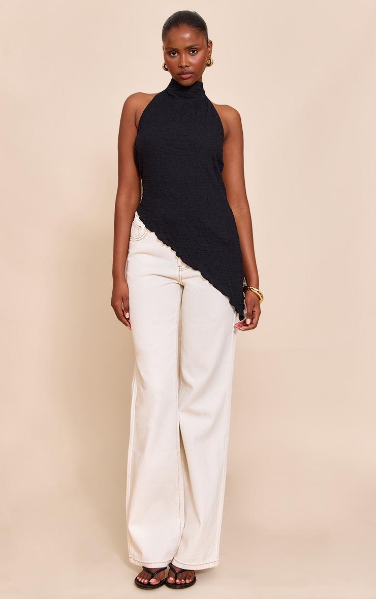 Pretty Little Thing Black Textured High Neck Asymmetric Hem Detail Long Top