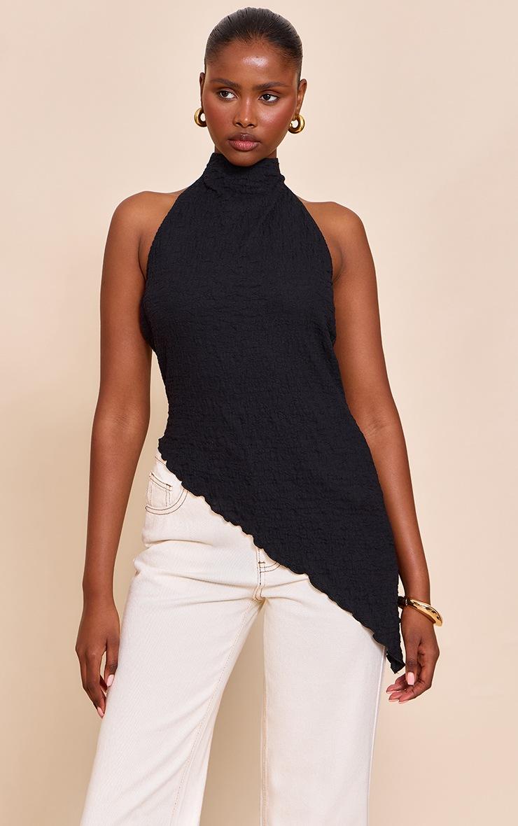Pretty Little Thing Black Textured High Neck Asymmetric Hem Detail Long Top