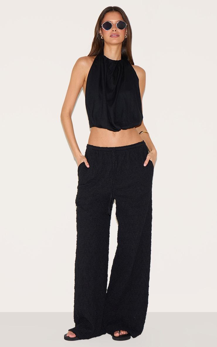 Pretty Little Thing Black Textured Jersey Drawstring Waist Wide Leg Pants