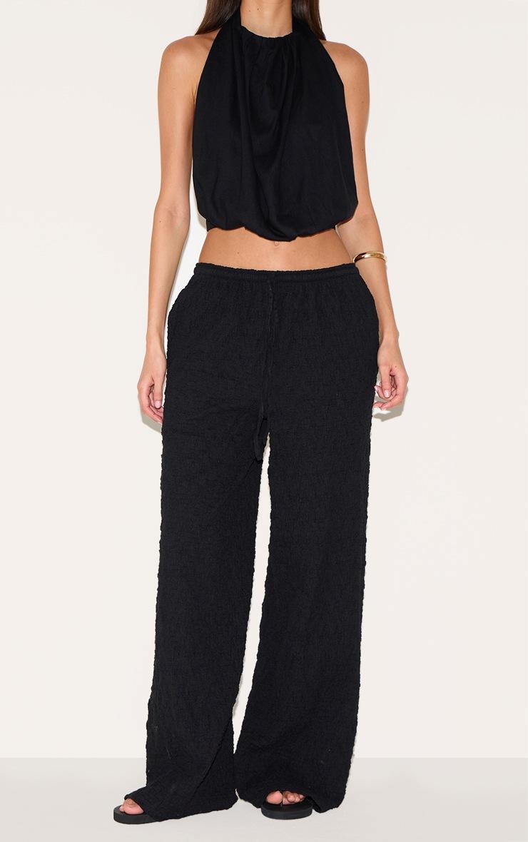 Pretty Little Thing Black Textured Jersey Drawstring Waist Wide Leg Pants