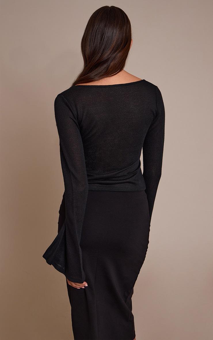 Pretty Little Thing Black Textured Jersey Scoop Neck Flared Long Sleeve Top