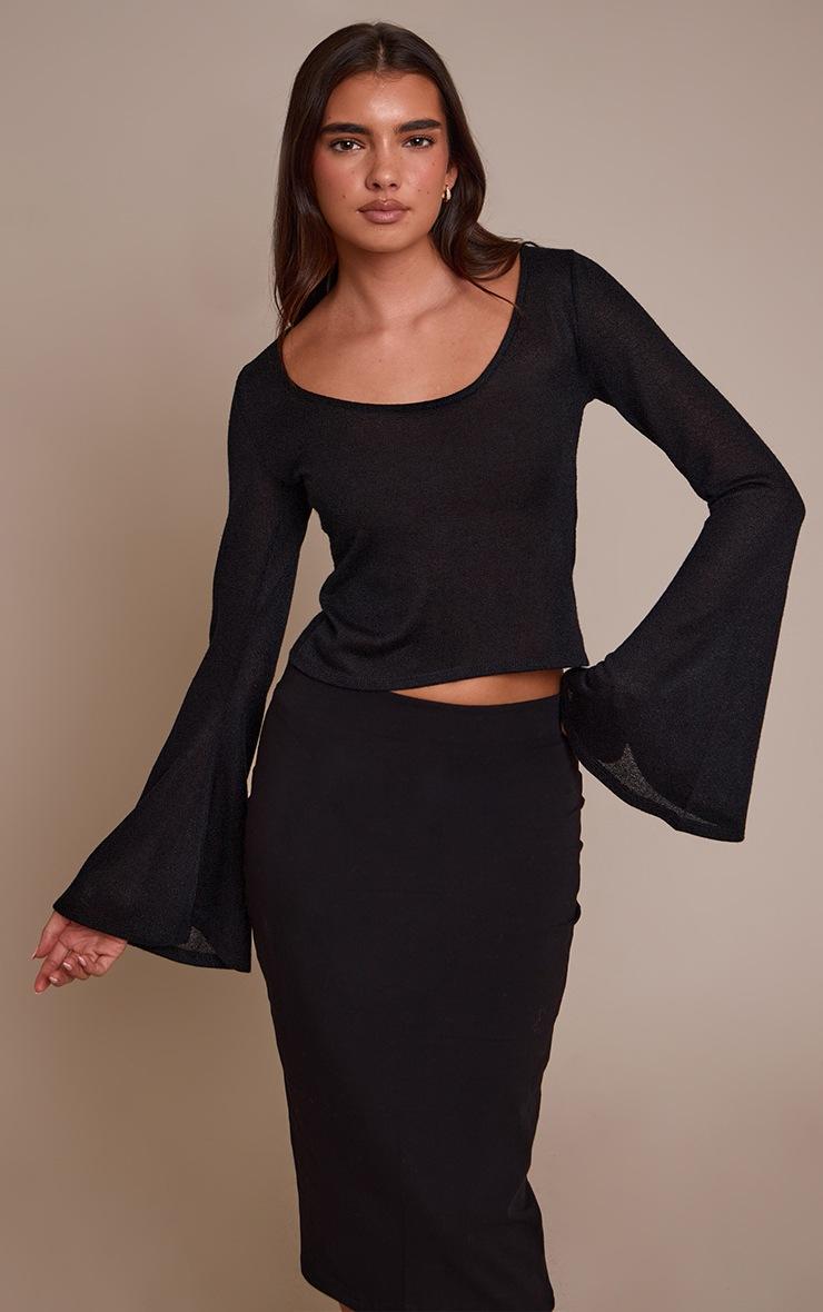 Pretty Little Thing Black Textured Jersey Scoop Neck Flared Long Sleeve Top