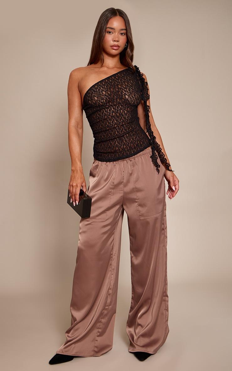 Pretty Little Thing Black Textured Lace Frill Drape Detail Asymmetric Top