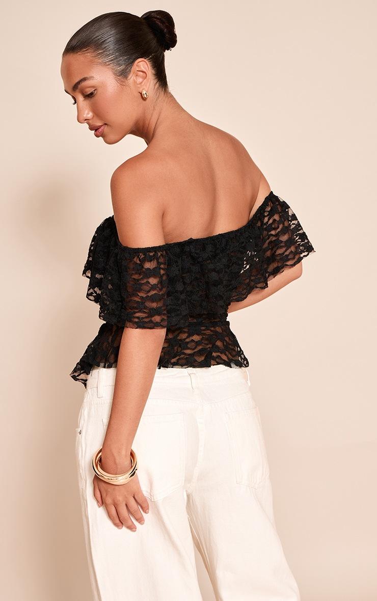 Pretty Little Thing Black Textured Lace Ruffle Drape Detail Long Top