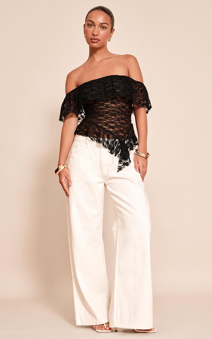 Pretty Little Thing Black Textured Lace Ruffle Drape Detail Long Top