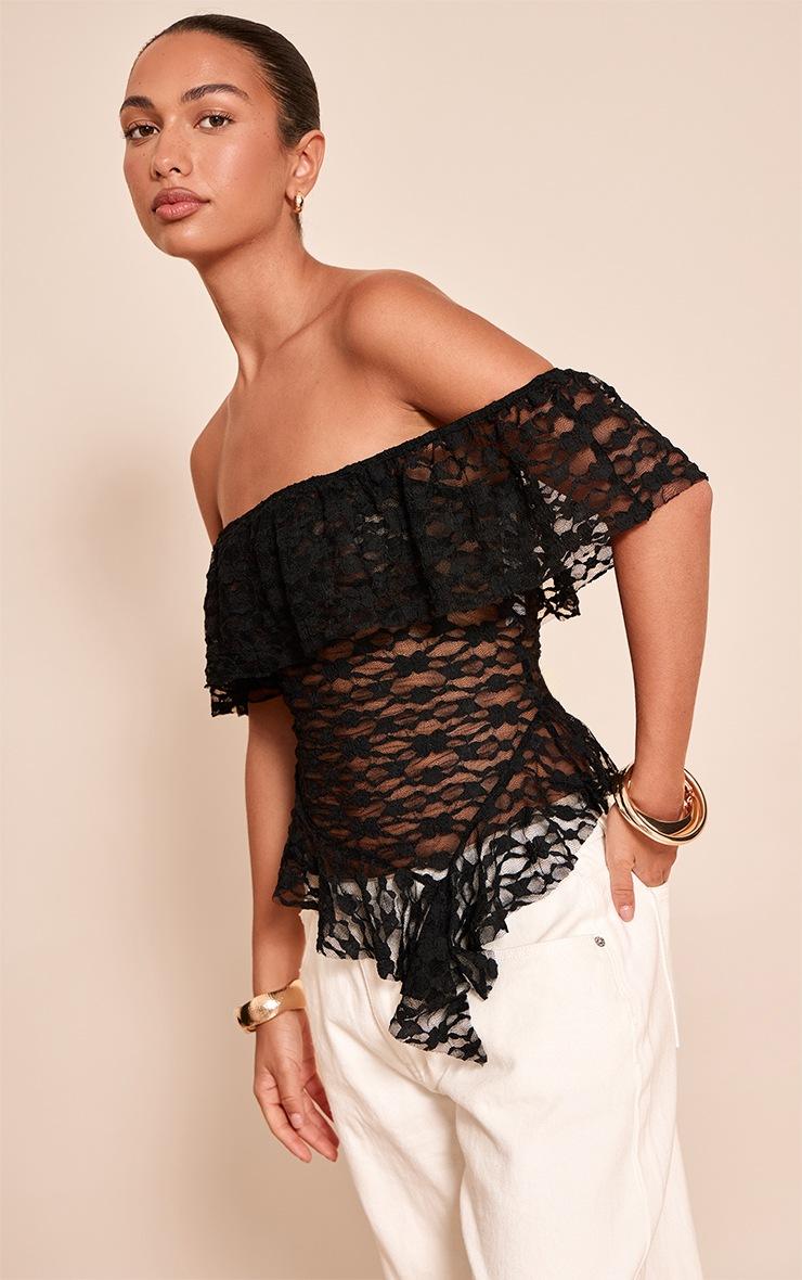 Pretty Little Thing Black Textured Lace Ruffle Drape Detail Long Top
