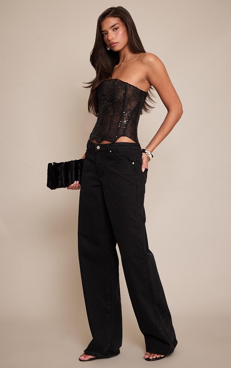 Pretty Little Thing Black Textured Lace Sequin Corset