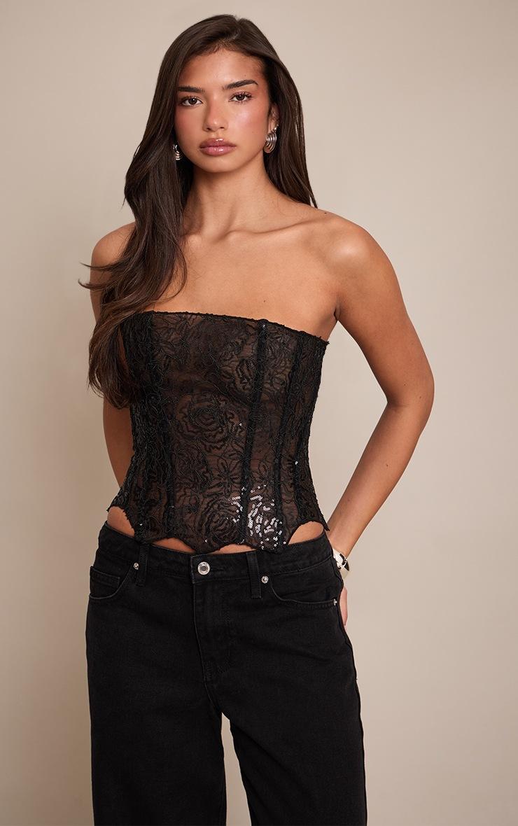 Pretty Little Thing Black Textured Lace Sequin Corset