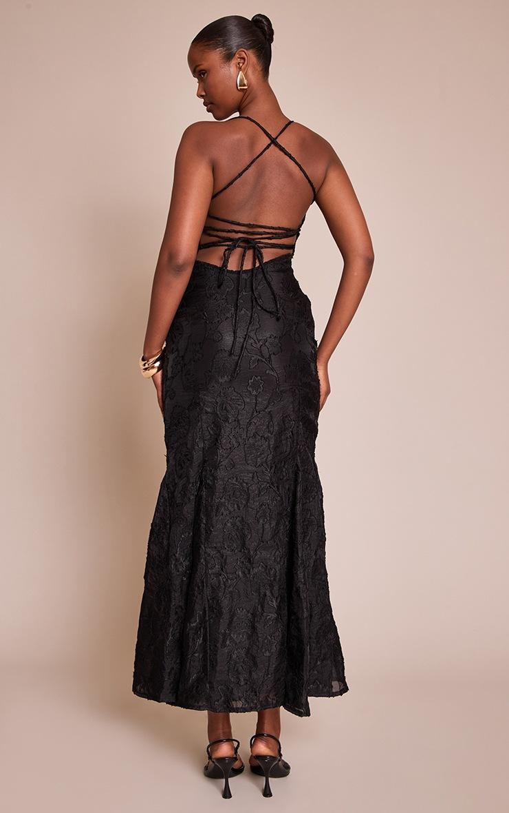 Pretty Little Thing Black Textured Lace Up Back Maxi Dress