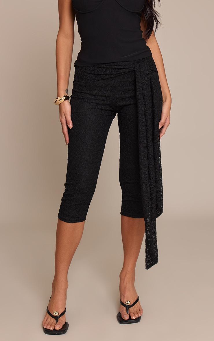 Pretty Little Thing Black Textured Lace Wrap Waist Detail Capris