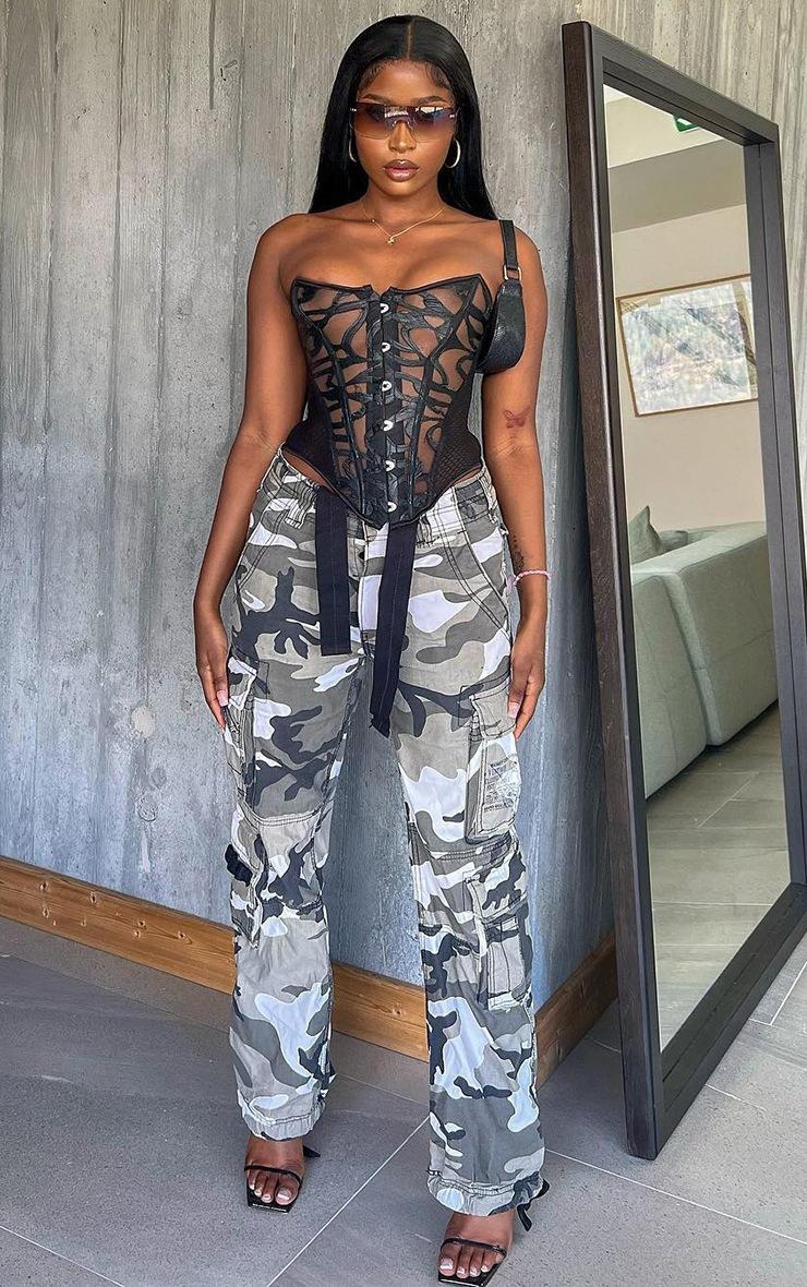 Pretty Little Thing Black Textured Mesh Ribbon Back Corset