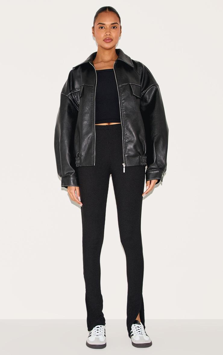 Pretty Little Thing Black Textured Ribbed Split Hem Leggings