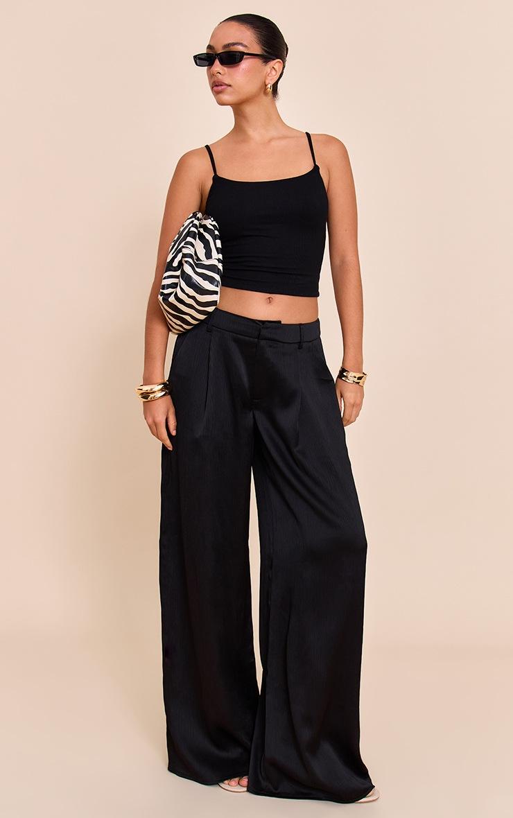 Pretty Little Thing Black Textured Satin Double Pleat Wide Leg Pant