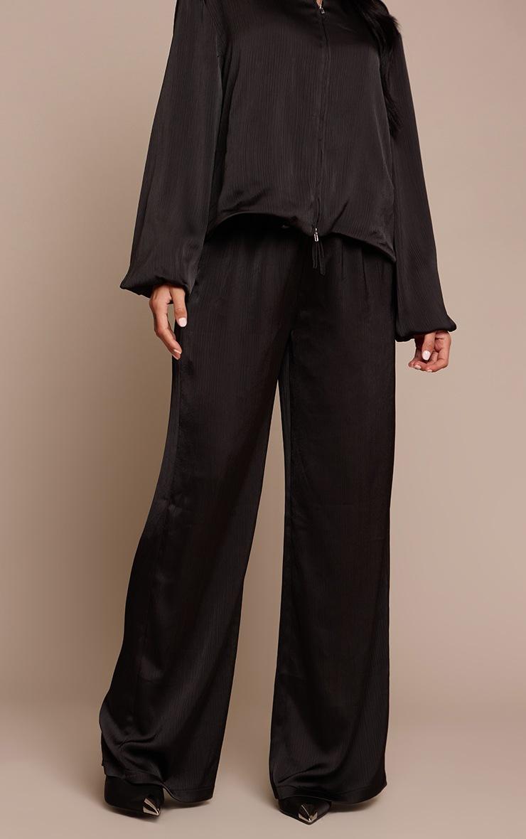 Pretty Little Thing Black Textured Satin Drawstring Straight Leg Pant