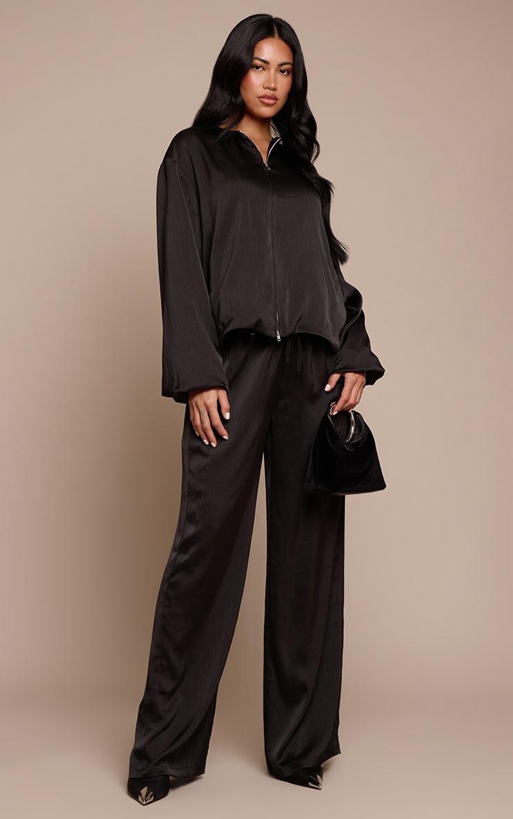 Pretty Little Thing Black Textured Satin Drawstring Straight Leg Pant