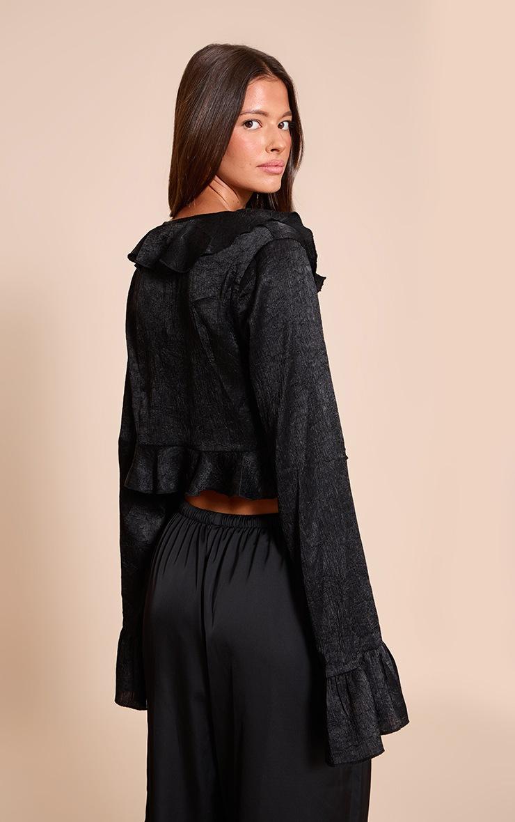 Pretty Little Thing Black Textured Satin Frill Detail Tie Front Cropped Top