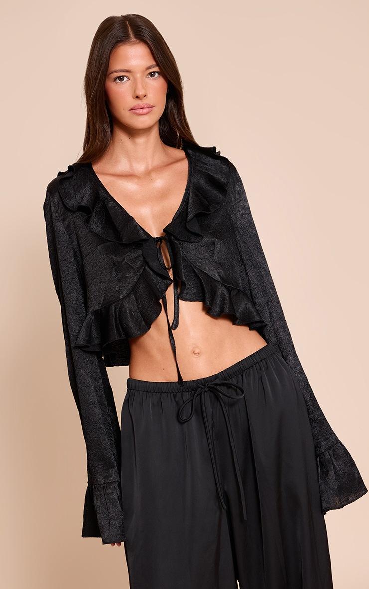 Pretty Little Thing Black Textured Satin Frill Detail Tie Front Cropped Top