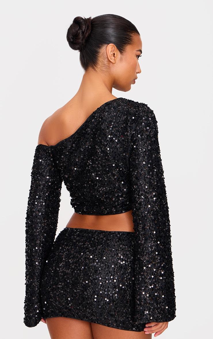 Pretty Little Thing Black Textured Sequin Long Sleeve Top