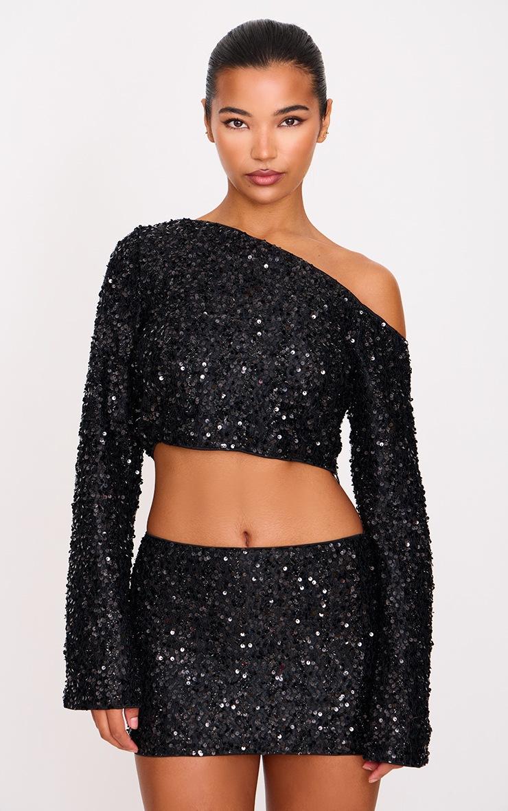 Pretty Little Thing Black Textured Sequin Long Sleeve Top