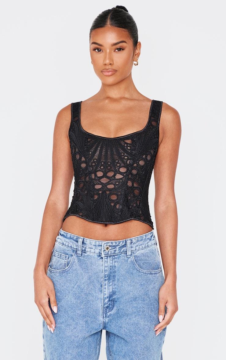 Pretty Little Thing Black Textured Sheer Floral Square Neck Corset