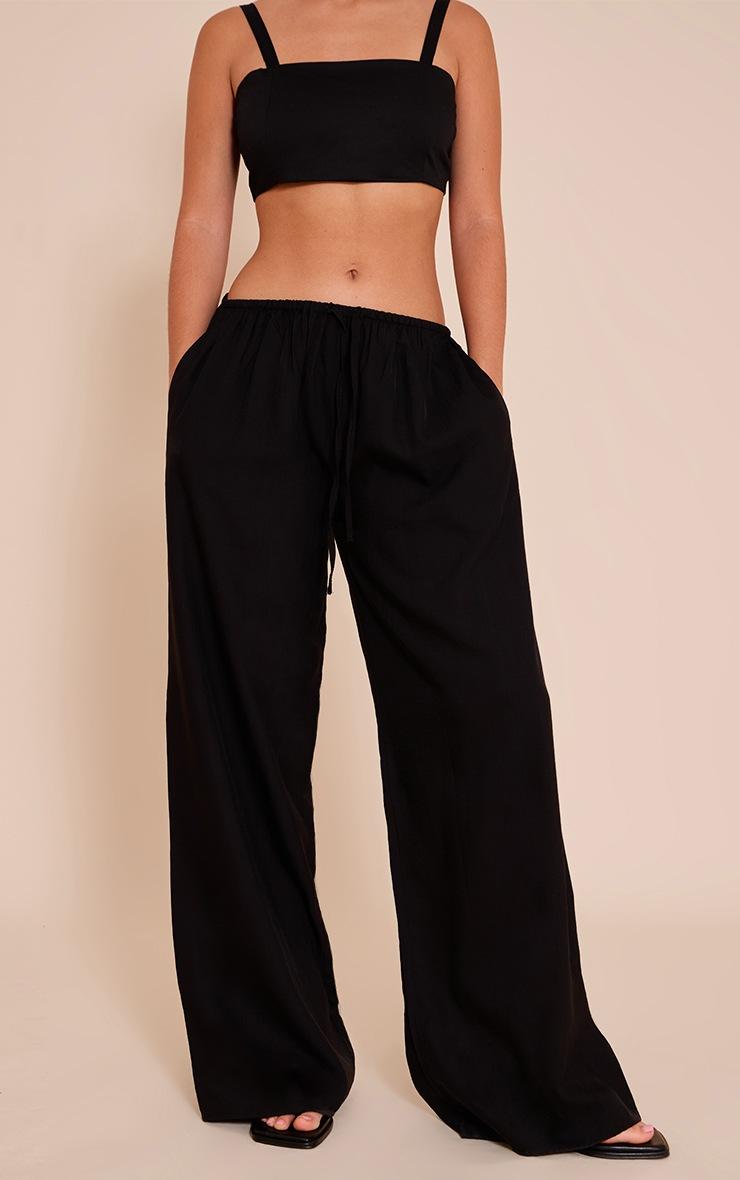 Pretty Little Thing Black Textured Wide Leg Draw String Pants