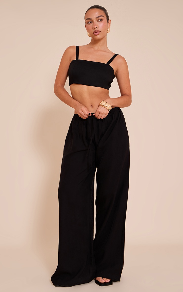 Pretty Little Thing Black Textured Wide Leg Draw String Pants