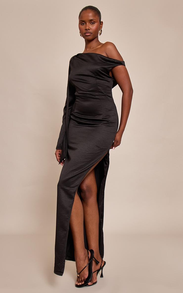 Pretty Little Thing Black Textured Woven Tie Shoulder Midaxi Dress