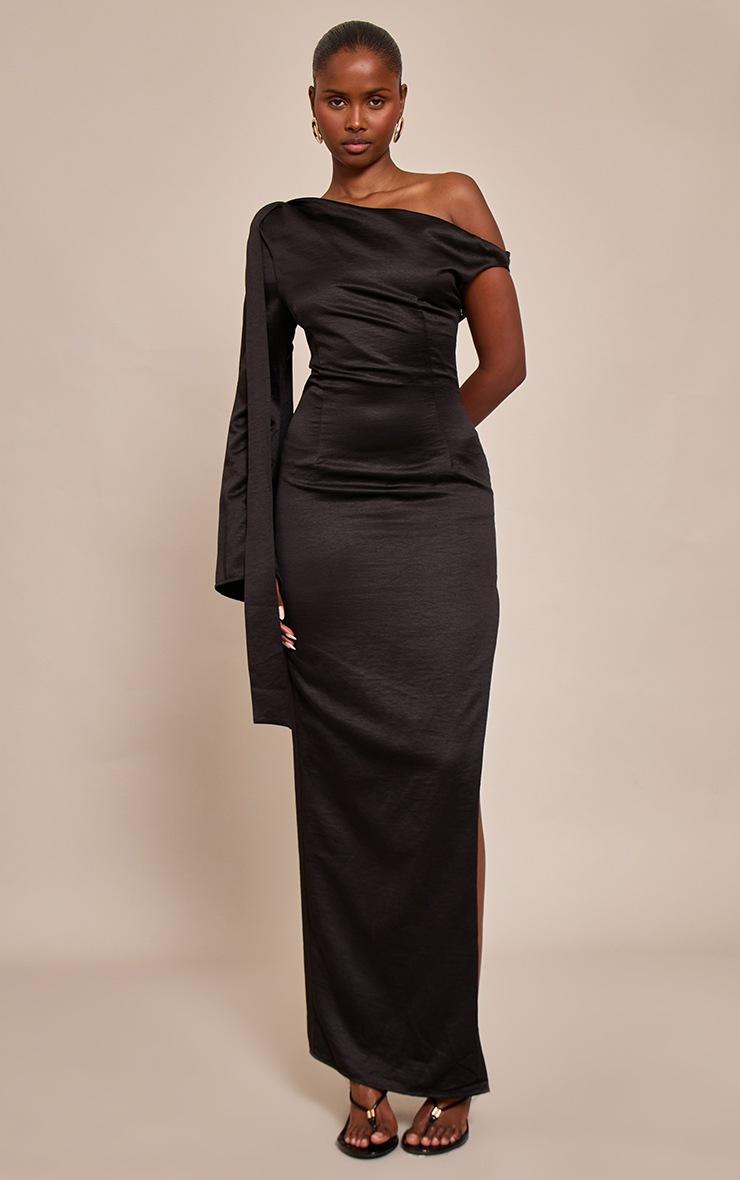 Pretty Little Thing Black Textured Woven Tie Shoulder Midaxi Dress