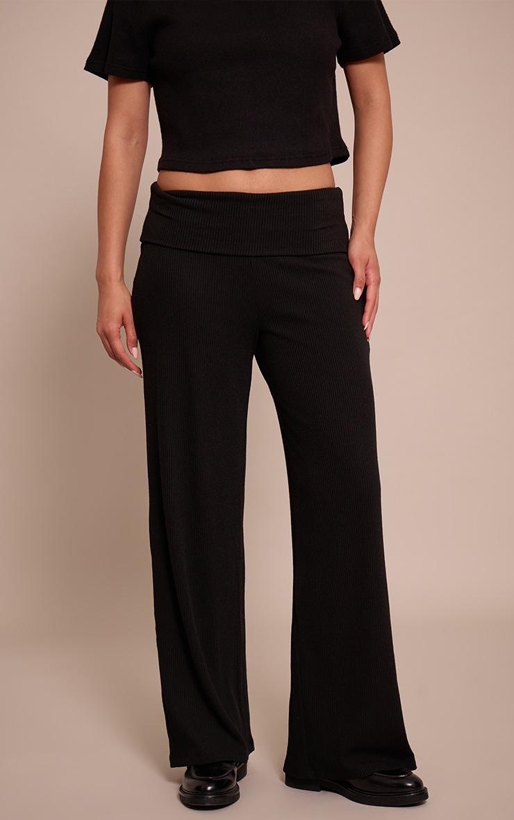 Pretty Little Thing Black Thick Rib Fold Over Pocket Detail Wide Leg Pant