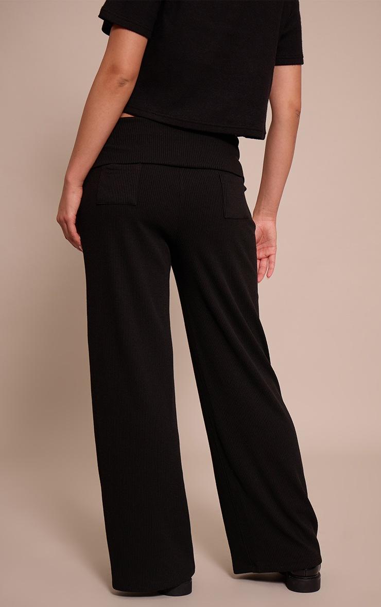 Pretty Little Thing Black Thick Rib Fold Over Pocket Detail Wide Leg Pant