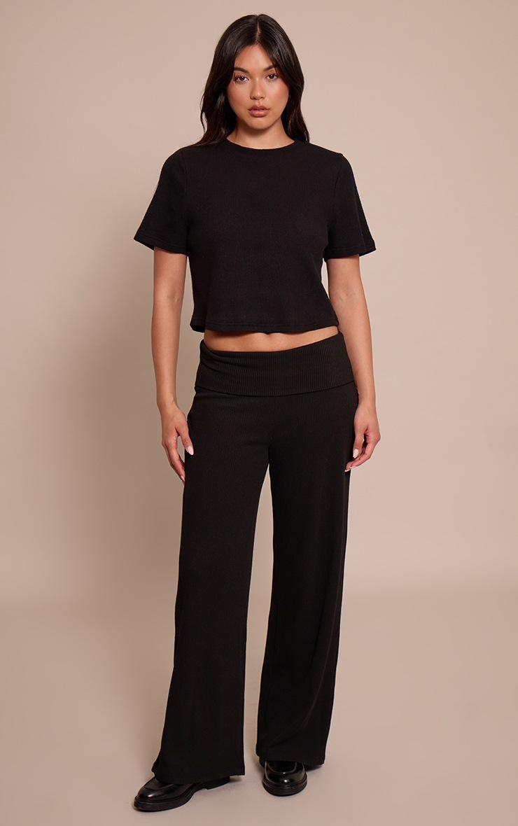 Pretty Little Thing Black Thick Rib Fold Over Pocket Detail Wide Leg Pant
