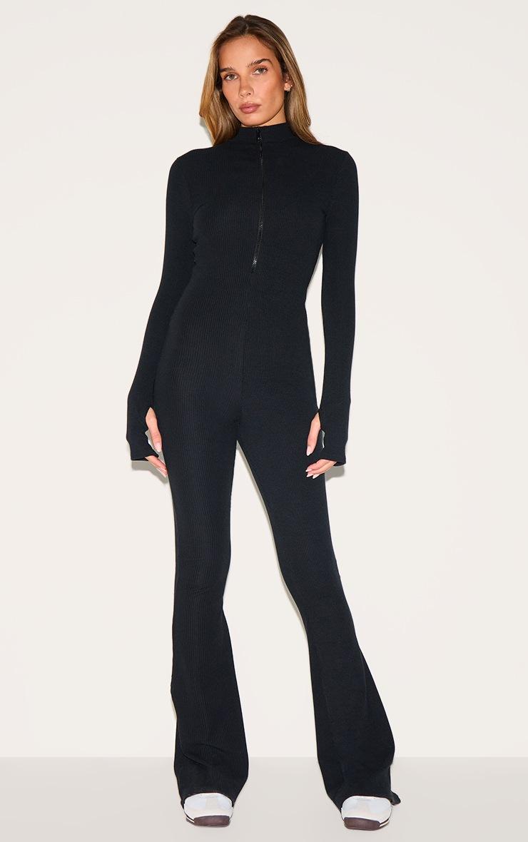Pretty Little Thing Black Thumbhole Zip Detail Rib Jumpsuit