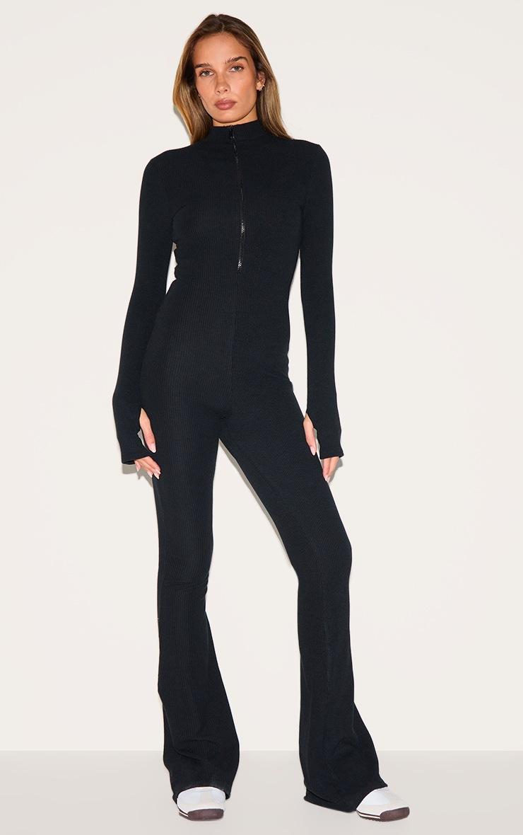Pretty Little Thing Black Thumbhole Zip Detail Rib Jumpsuit