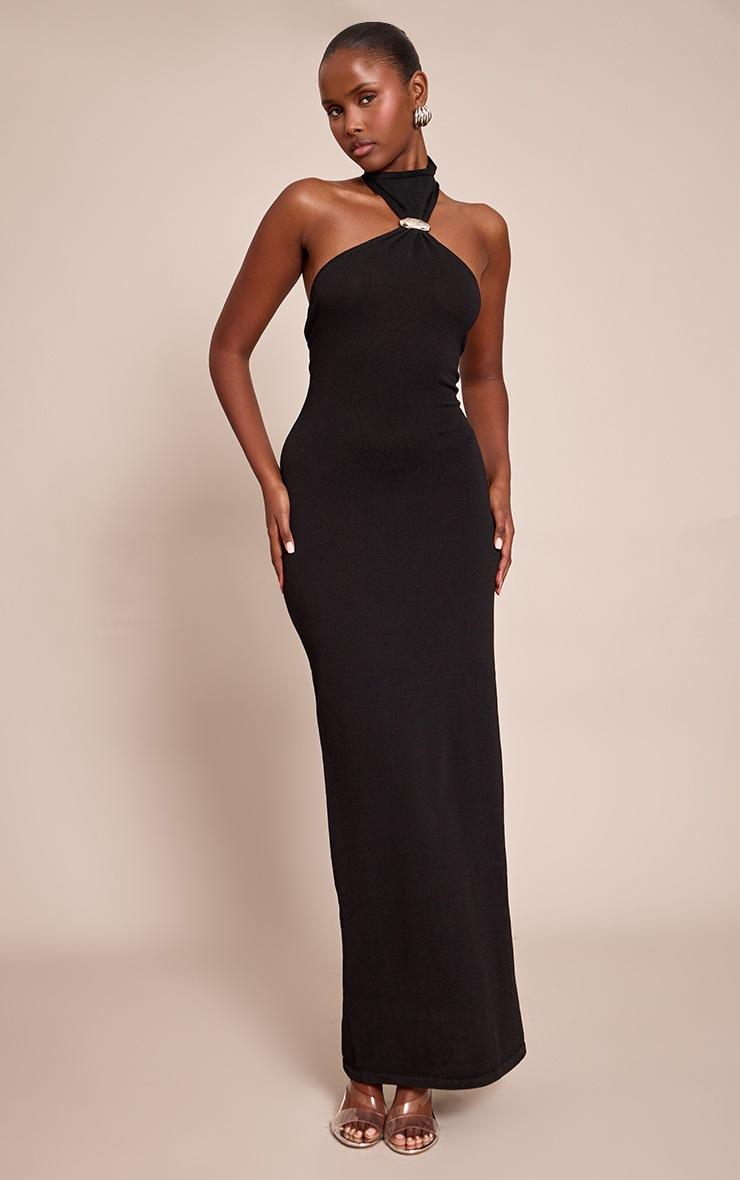 Pretty Little Thing Black Trim Halter Neck Knitted Maxi Dress