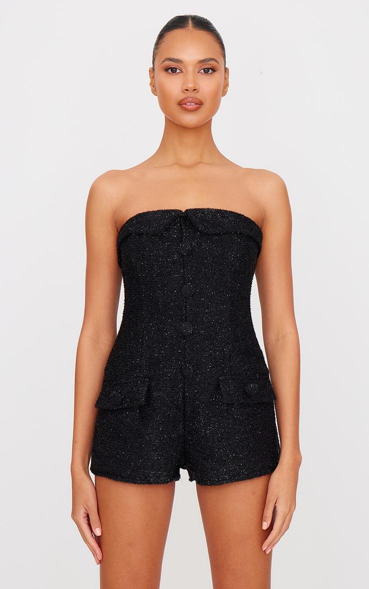 Pretty Little Thing Black Tweed Bandeau Button Detail Romper