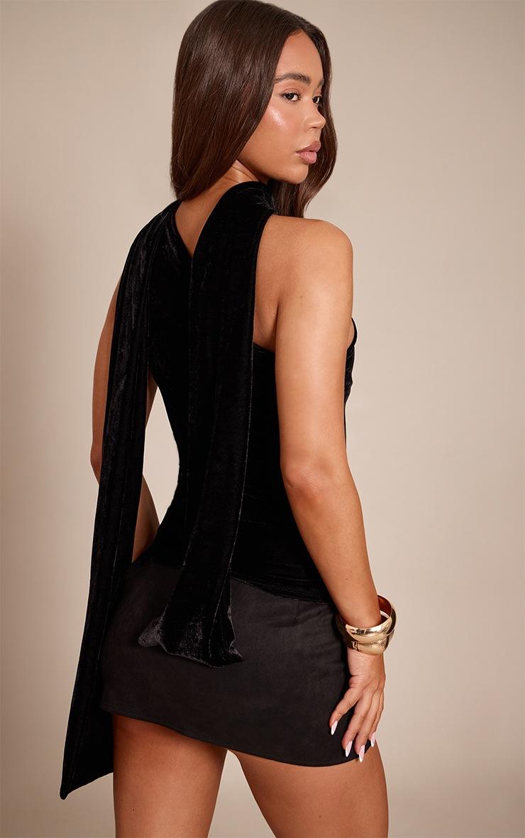 Pretty Little Thing Black Velvet Asymmetric Scarf Detail Top