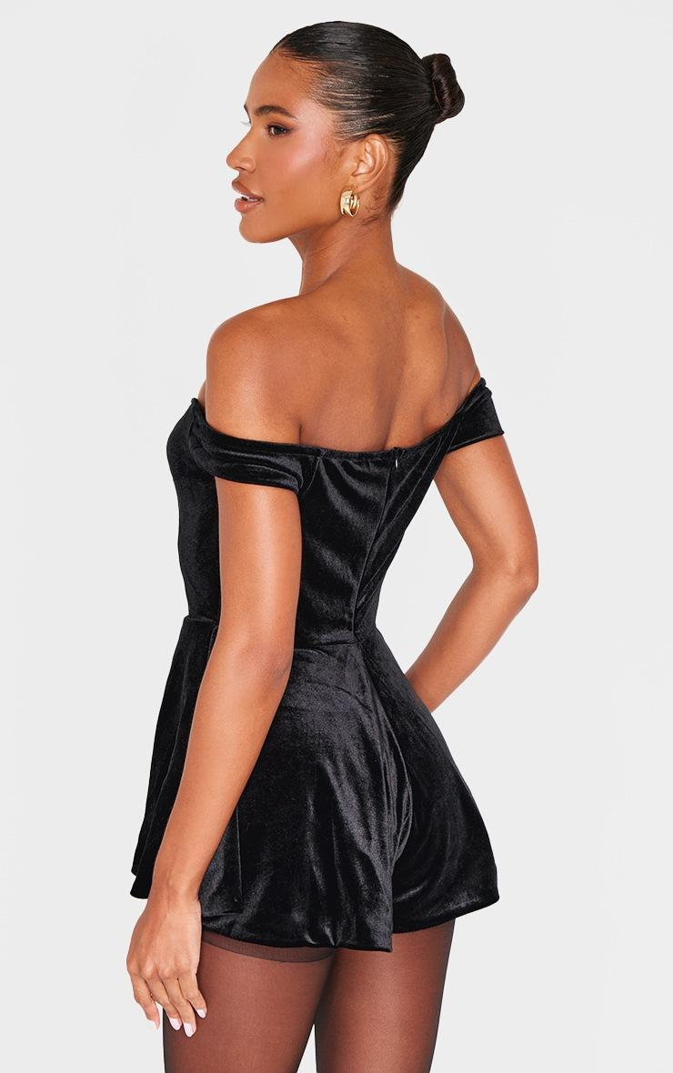Pretty Little Thing Black Velvet Bardot Sweetheart Neckline Floaty Romper
