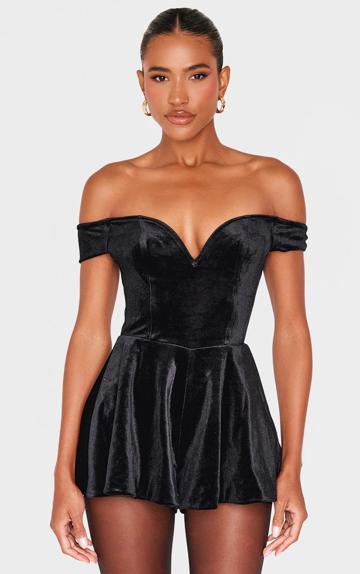 Pretty Little Thing Black Velvet Bardot Sweetheart Neckline Floaty Romper