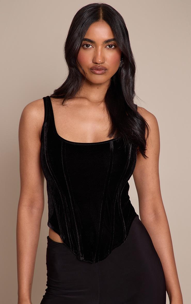 Pretty Little Thing Black Velvet Boned Dip Hem Longline Corset