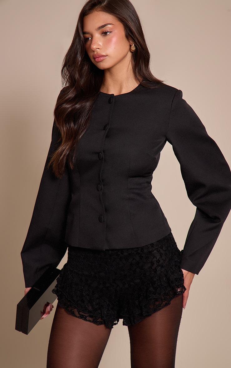 Pretty Little Thing Black Velvet Embroidered Ruffle Hot Pants