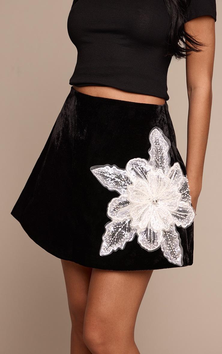 Pretty Little Thing Black Velvet Floral Applique Embellished A-Line Mini Skirt