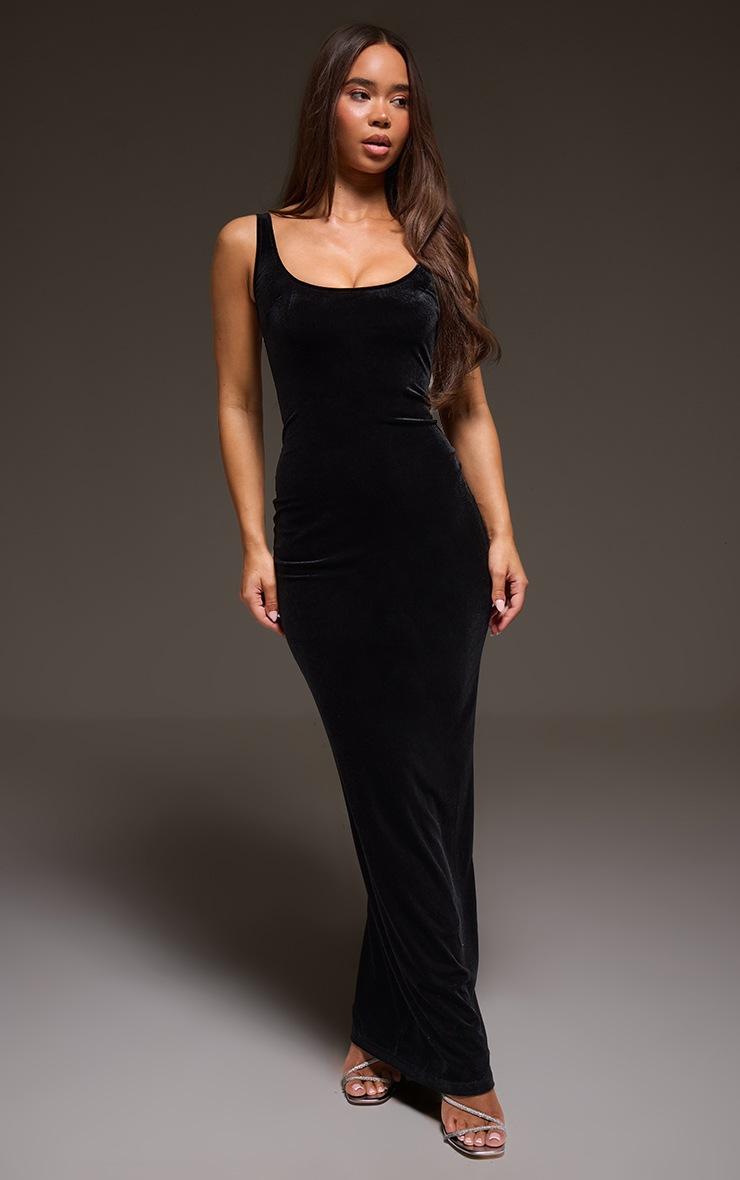 Pretty Little Thing Black Velvet Scoop Back Maxi Dess
