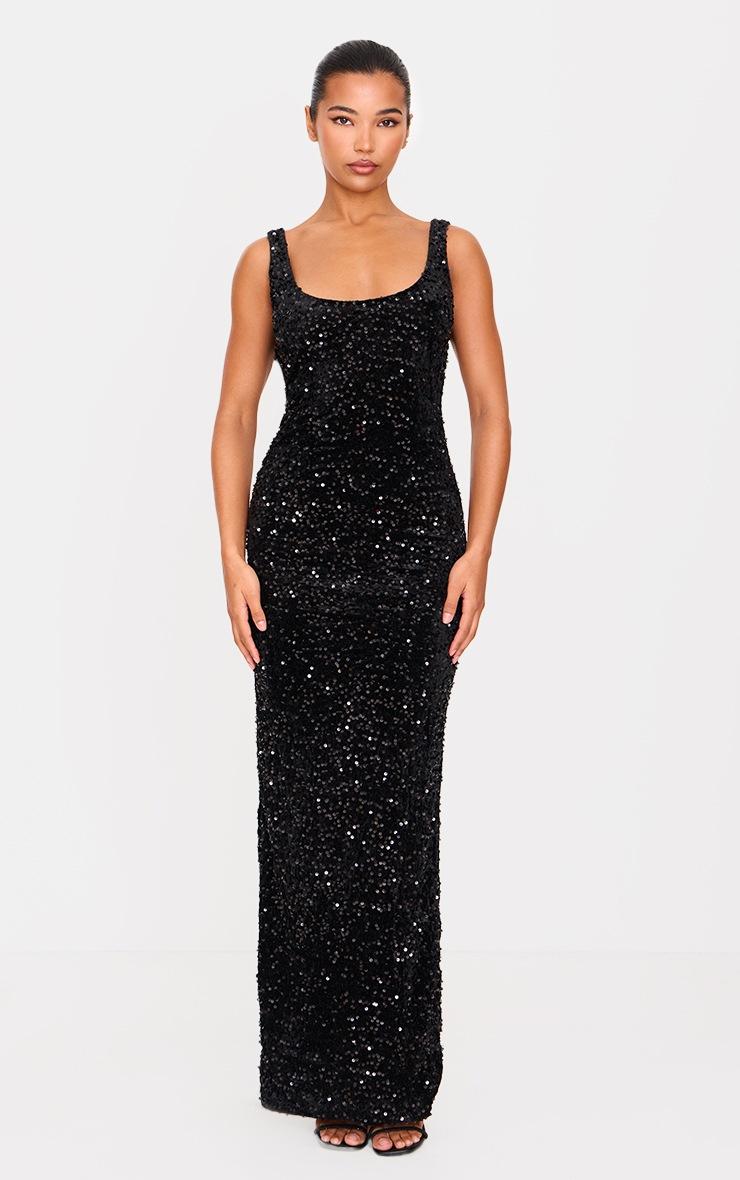 Pretty Little Thing Black Velvet Sequin Embellished Scoop Back Maxi Dess