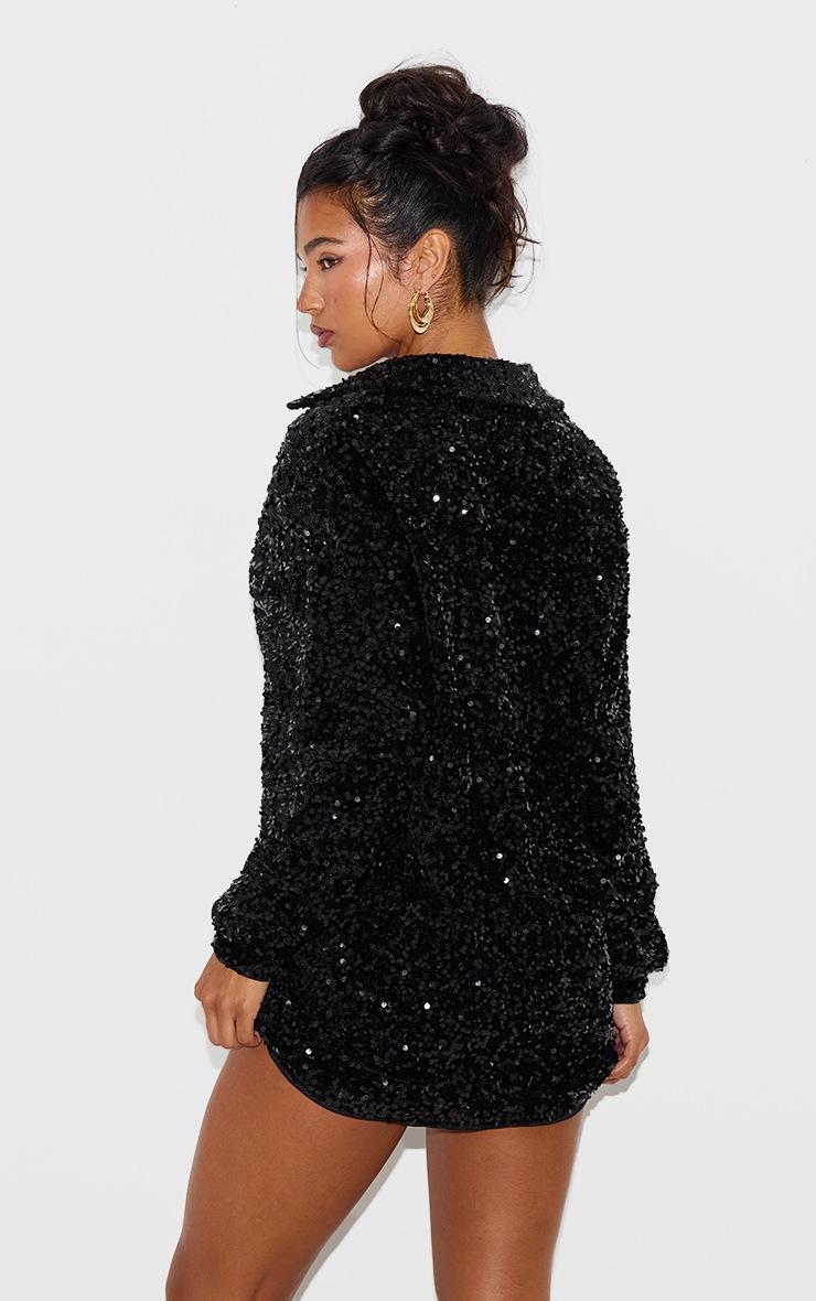 Pretty Little Thing Black Velvet Sequin Oversized Shirt Dress