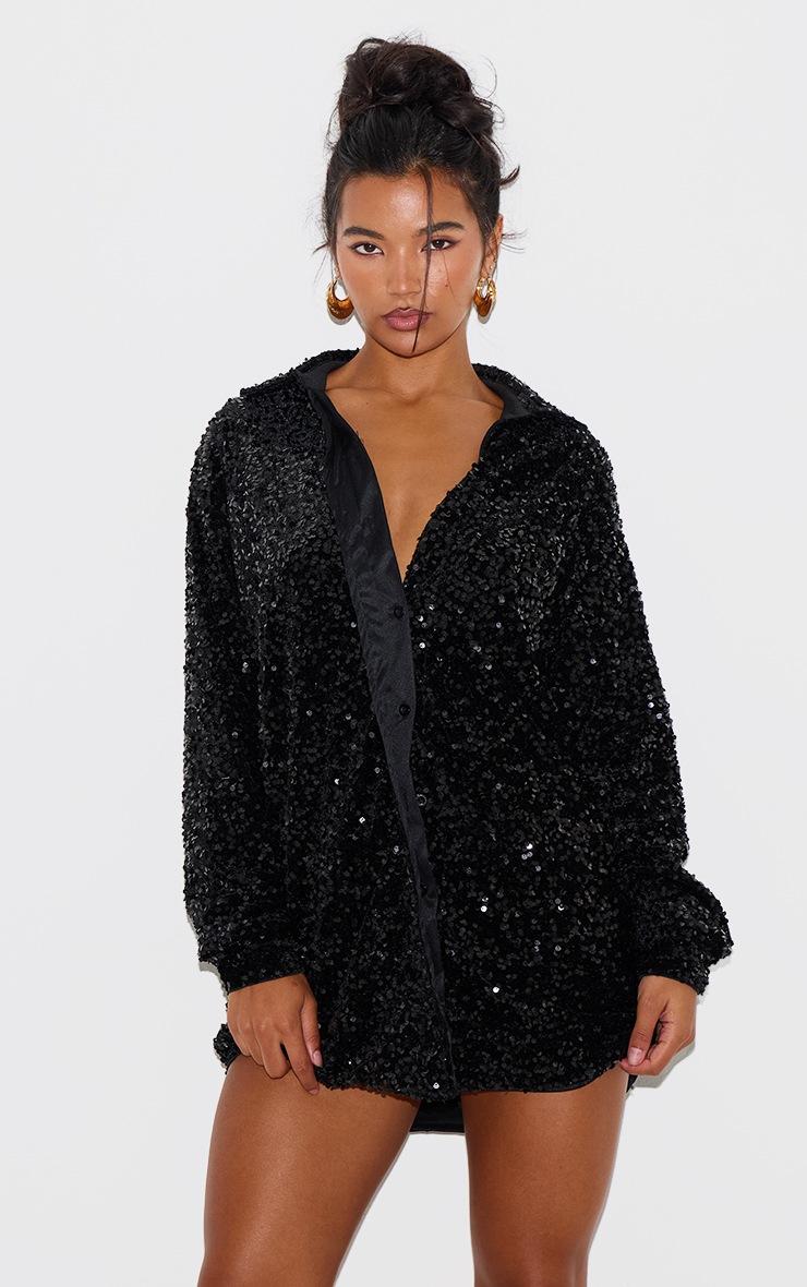 Pretty Little Thing Black Velvet Sequin Oversized Shirt Dress