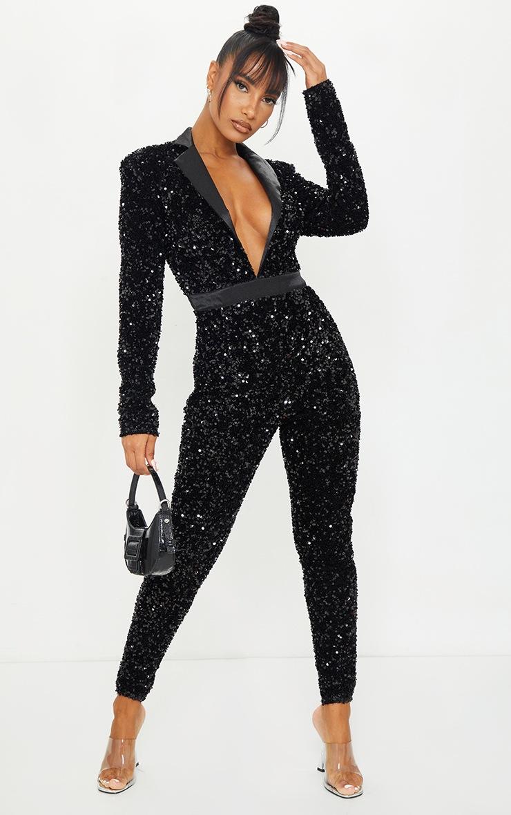 Pretty Little Thing Black Velvet Sequin Plunge Front Tailored Jumpsuit