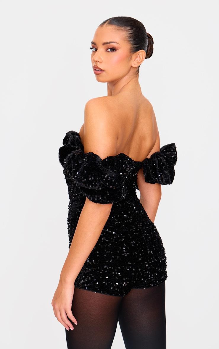 Pretty Little Thing Black Velvet Sequin Puff Sleeve Romper